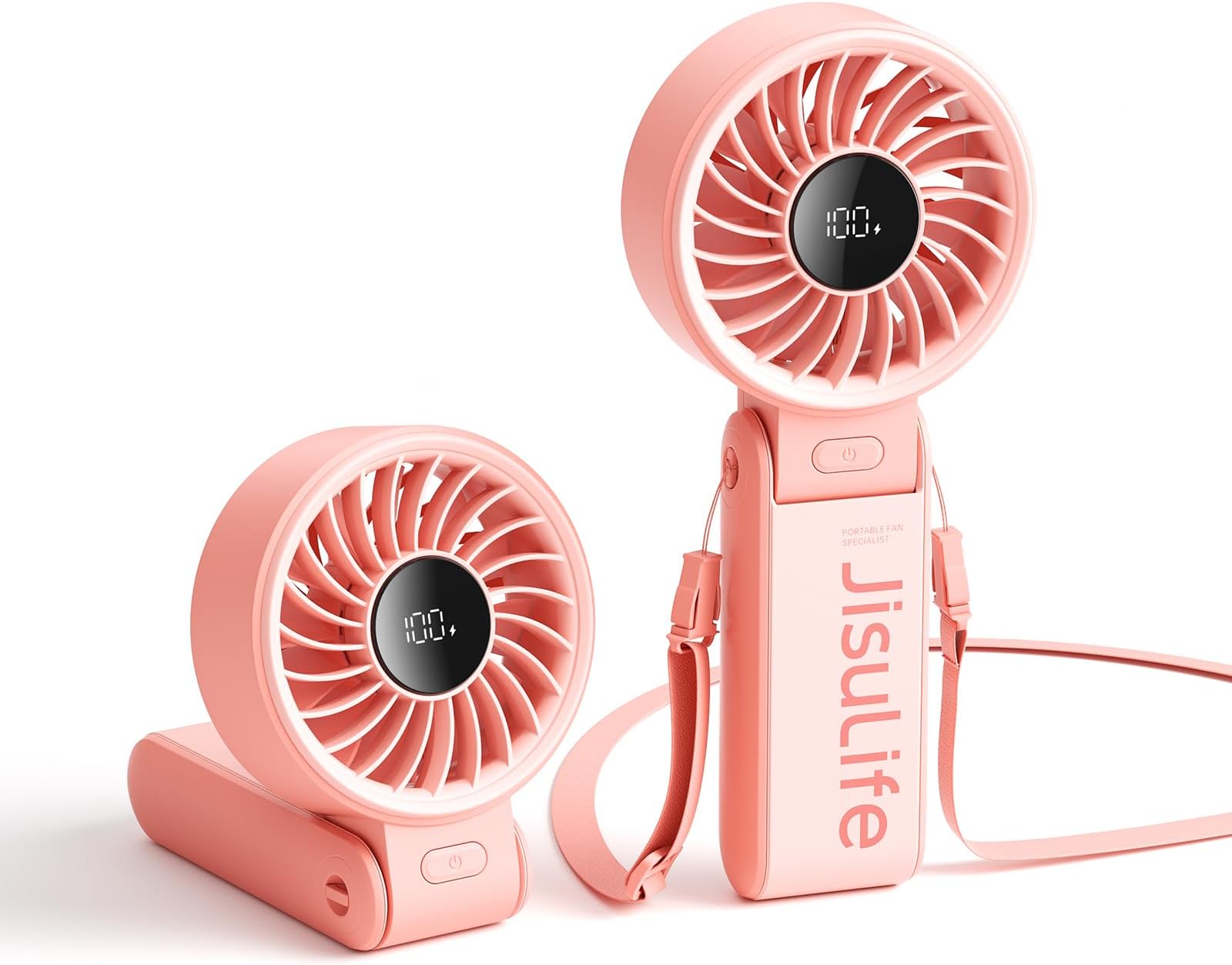 JISULIFE Handheld Fan Life7,Powerful Portable Fan with LED Display[19.5Hrs Max Cooling]5000mAh,150°Folded,5 Speeds,Lanyard; 3-IN-1 Hand/Desk/Neck Fan,Mini Fan for Travel,Lash,Gift for Women(Pink)