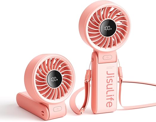 JISULIFE Handheld Fan Life7 – Ultimate Flexibility: High-Power Motor, LED Display, 19.5 Hrs Cooling, 5000mAh Rechargeable, 5-Speed, Foldable Design, 3-IN-1 Portable Fan for Travel Cruise Beach(Pink)