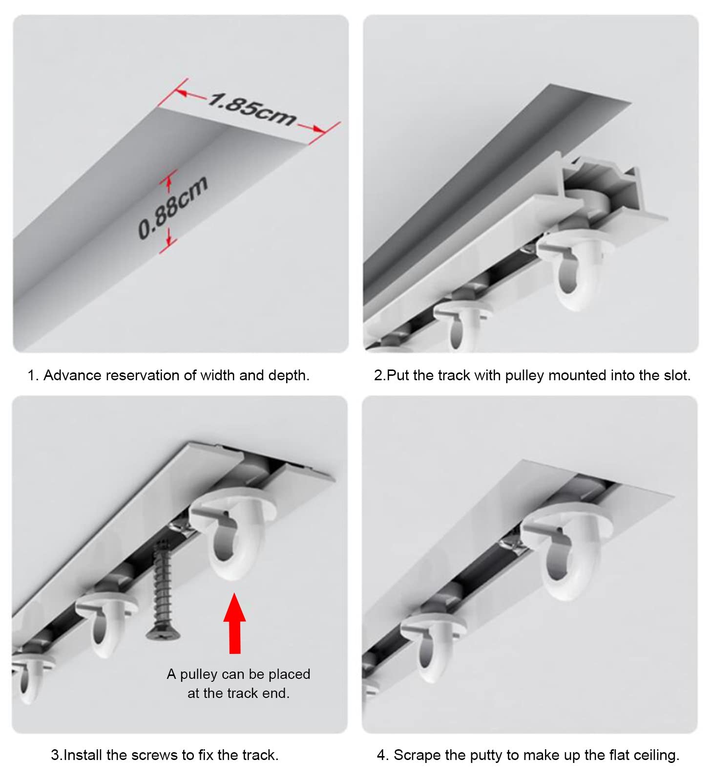 Riel de techo de aluminio de 4 pies, riel deslizante empotrado en blanco y negro para divisor de privacidad, perfecto para balcón y kit de separación de habitaciones