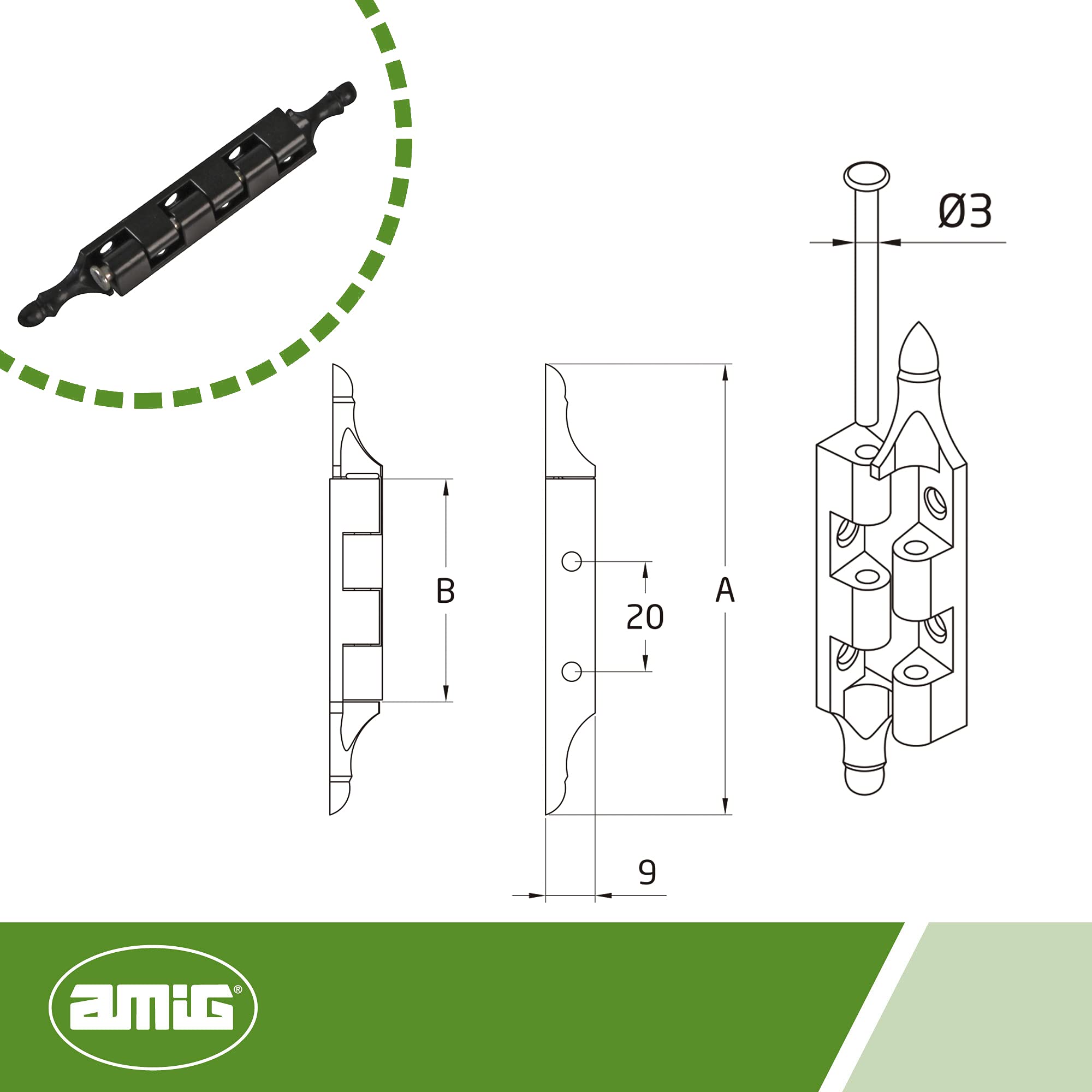 Amig - Decorative Black Removable Hinge with Finial Made in Zamak for Cabinets and Other Furniture - 95 x 9 mm - Image 3