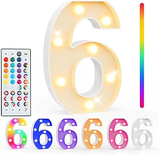 Pooqla Colorful Lighted Numbers with Remote, 35 Colors Light Up Numbers for Party, RGB LED Marquee Number Lights Gift for 6th Birthday Decorations, Wedding, Bar, Night Light, Home Decor, Number 6