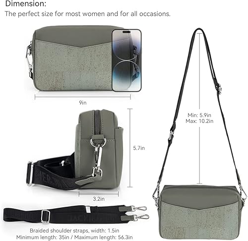 Miniatura 4 de Jackie&Jill Bolsos cruzados pequeños para mujer, bolsos de hombro de corcho y cuero con correa ancha, bolsa de cámara con cremallera superior