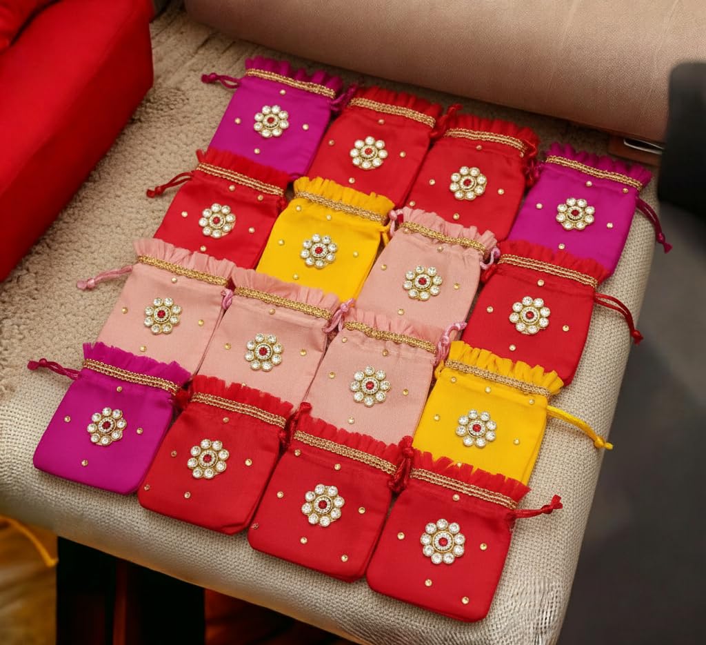 VS Club Beautiful Gold Silver Coin Potli Pouches for Wedding, Baby Shower, Haldi, Mehendi | Shagun, Jewelry, Dry Fruit, Kesar Pouch Set | Chandi Sikka , Gold gINNI - Milni bag Multi Pack (24 MIX COLOUR)-image-32