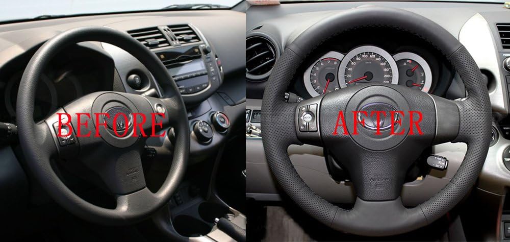 Eiseng Custom Hand Stitched DIY Steering Wheel Cover for Toyota RAV4 SUV 2006-2012 / for Yaris Sedan 2007-2011, Breathable Genuine Leather, Non-Slip Durable Auto Steering Wheel Protector,Black Thread