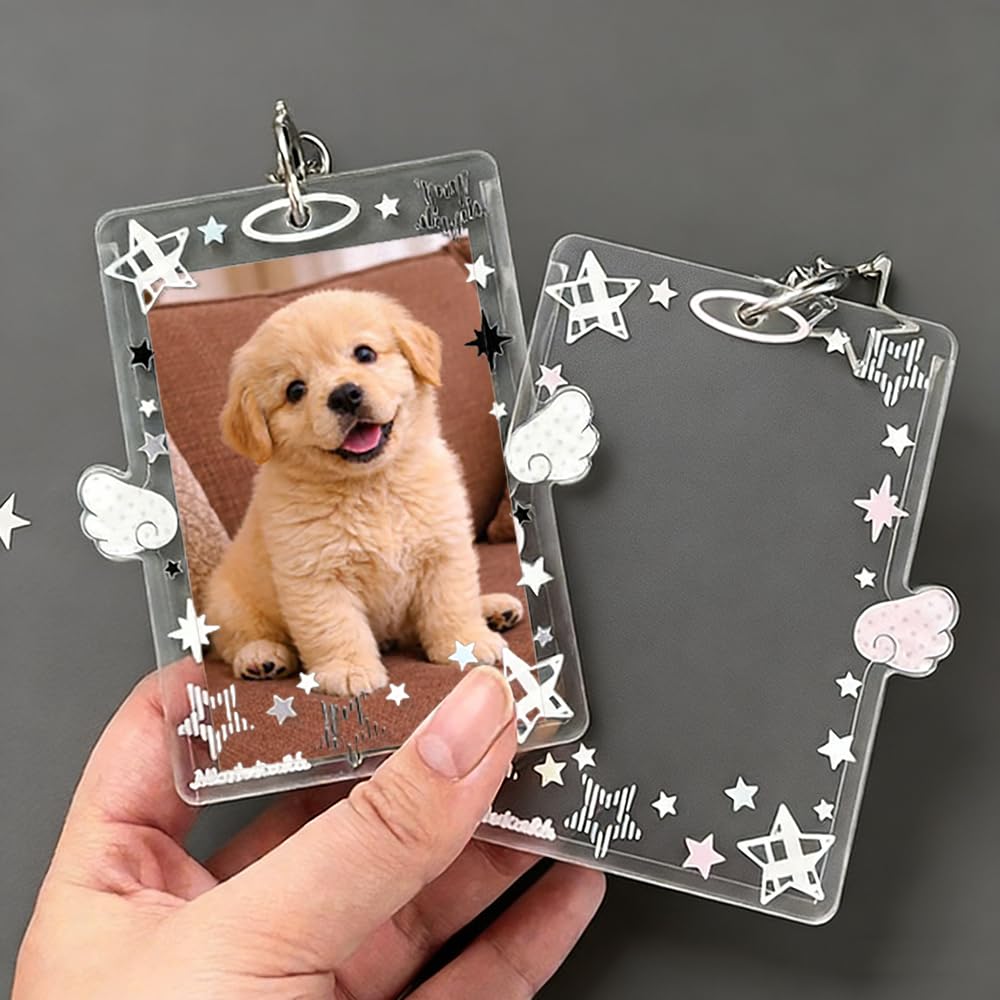 2 llaveros para tarjetas fotográficas de estrella blanca y rosa, bonito soporte para tarjetas de fotos de 3 pulgadas para mujer, soportes verticales para tarjetas de fotos, llavero de plástico
