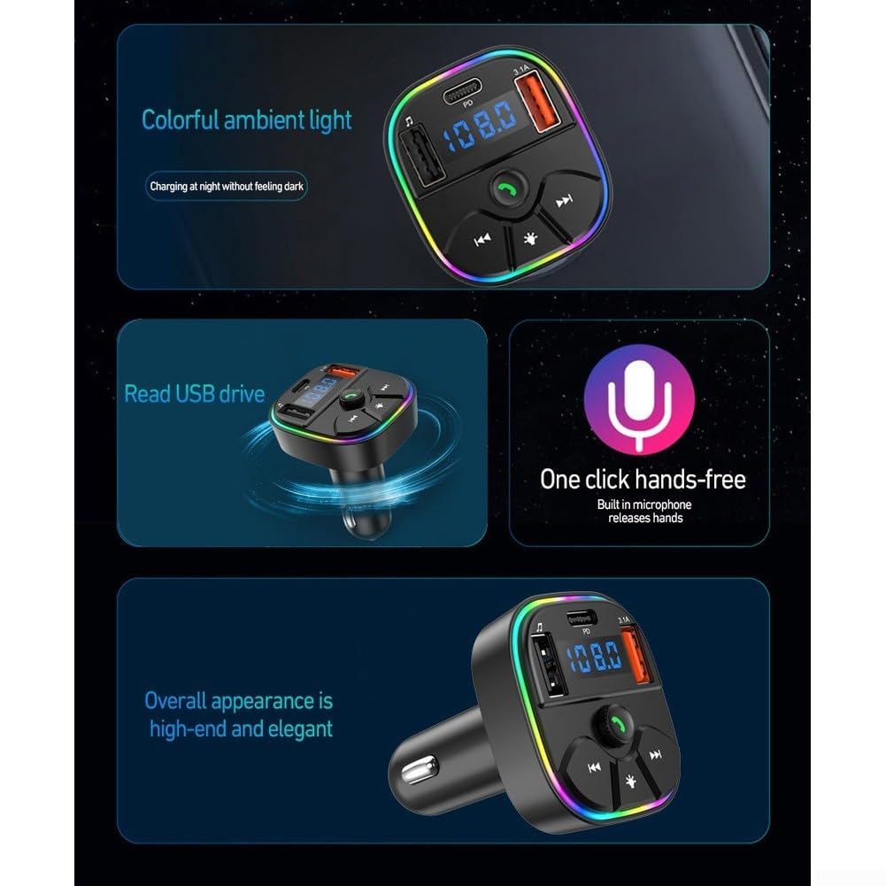 Trasmettitore FM per auto wireless con due porte USB di ricarica USB A e USB C, riproduzione MP3/WMA da unità USB, supporto per chiamate in vivavoce, portata wireless 5 3, frequenza FM 87 5