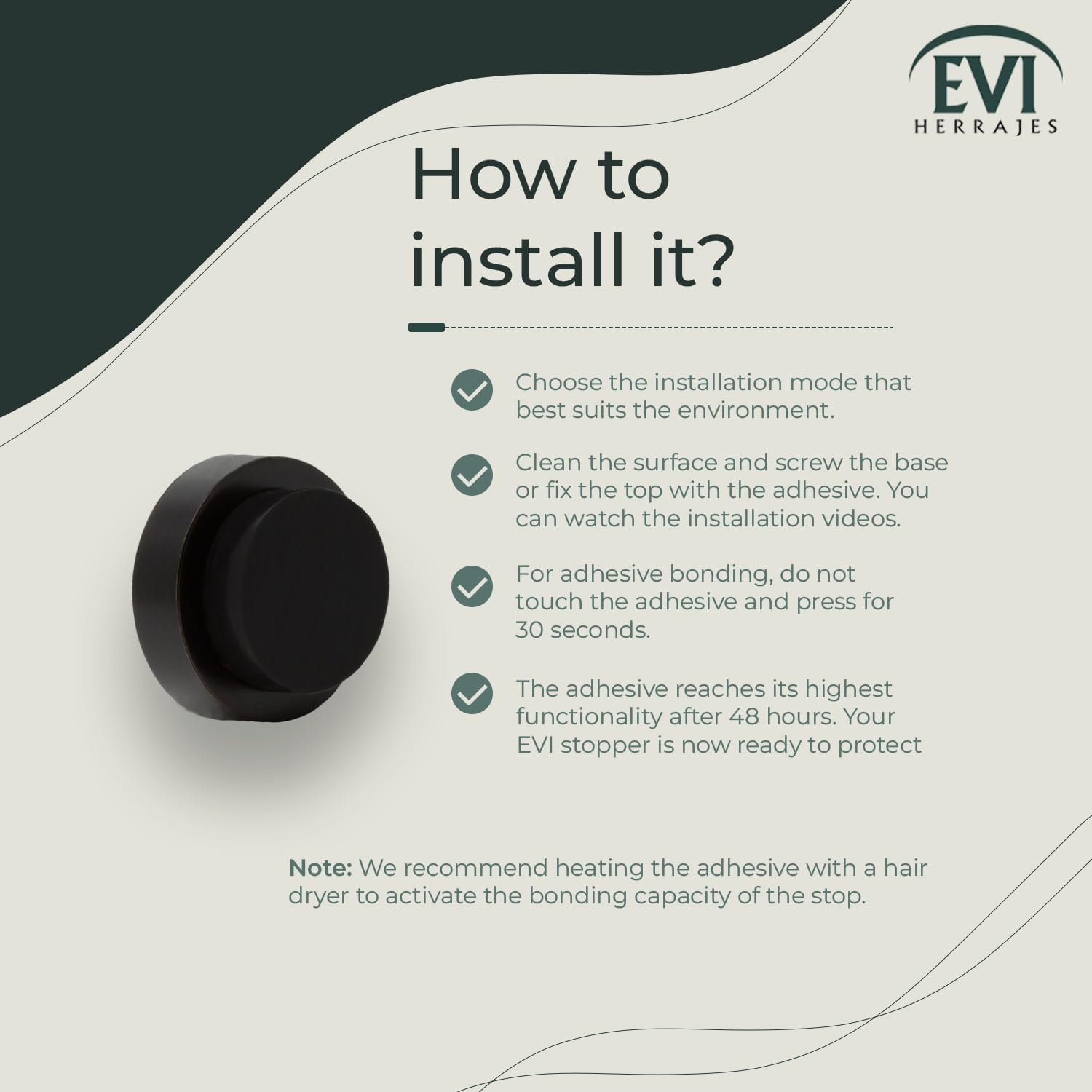 EVI Herrajes | Wall Mounted Black Door Stop | Stainless Steel Body | 0.94x0.54 Inch | Adhesive | Small and Discreet | Mod. 205