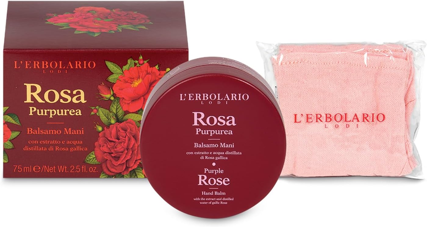 L'Erbolario Rosa Purpurea Balsam do rąk z bawełnianymi rękawicami 75 ml