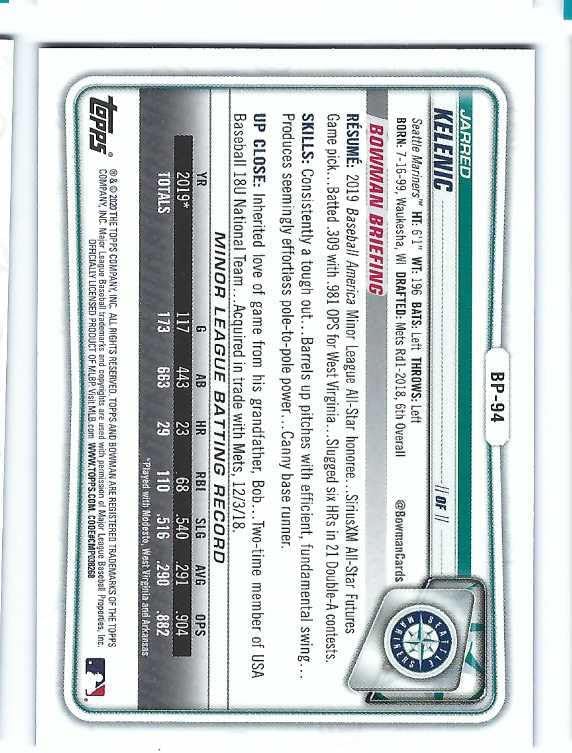 JARRED KELENIC 2020 Bowman Prospects #BP-94 PURPLE PARALLEL Rookie Card RC #126 of only 250 Made! Seattle Mariners Baseball