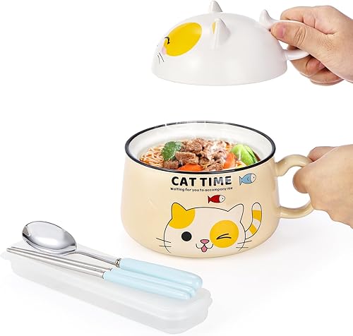 Miniatura 5 de Tazón de ramen con asa y tapa, cuencos de cerámica de 34.5 onzas para fideos instantáneos, lindo gato con cuchara, palillos para dormitorio, tazón