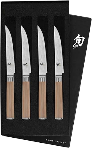 Shun Juego de cuchillos clásicos rubios para carne, 4 piezas, cuchillos de 4.75 pulgadas, juego de cuchillos japoneses hechos a mano, núcleo VG-MAX