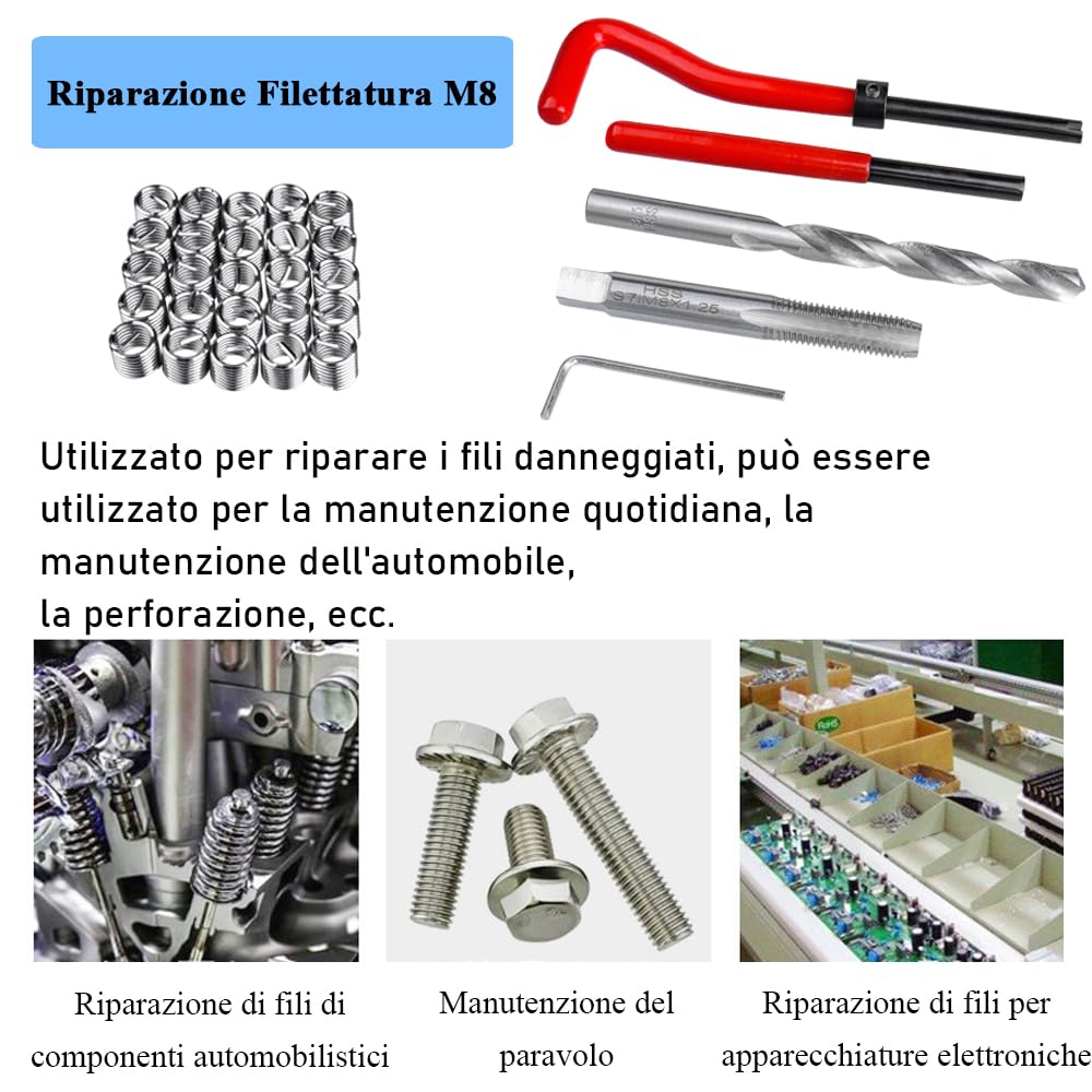 Kit Di Riparazione Filettatura Helicoil M14x1.5mm - 15 Pezzi Con Inserti, Maschio E Punta Per Riparare Filetti Danneggiati - 2