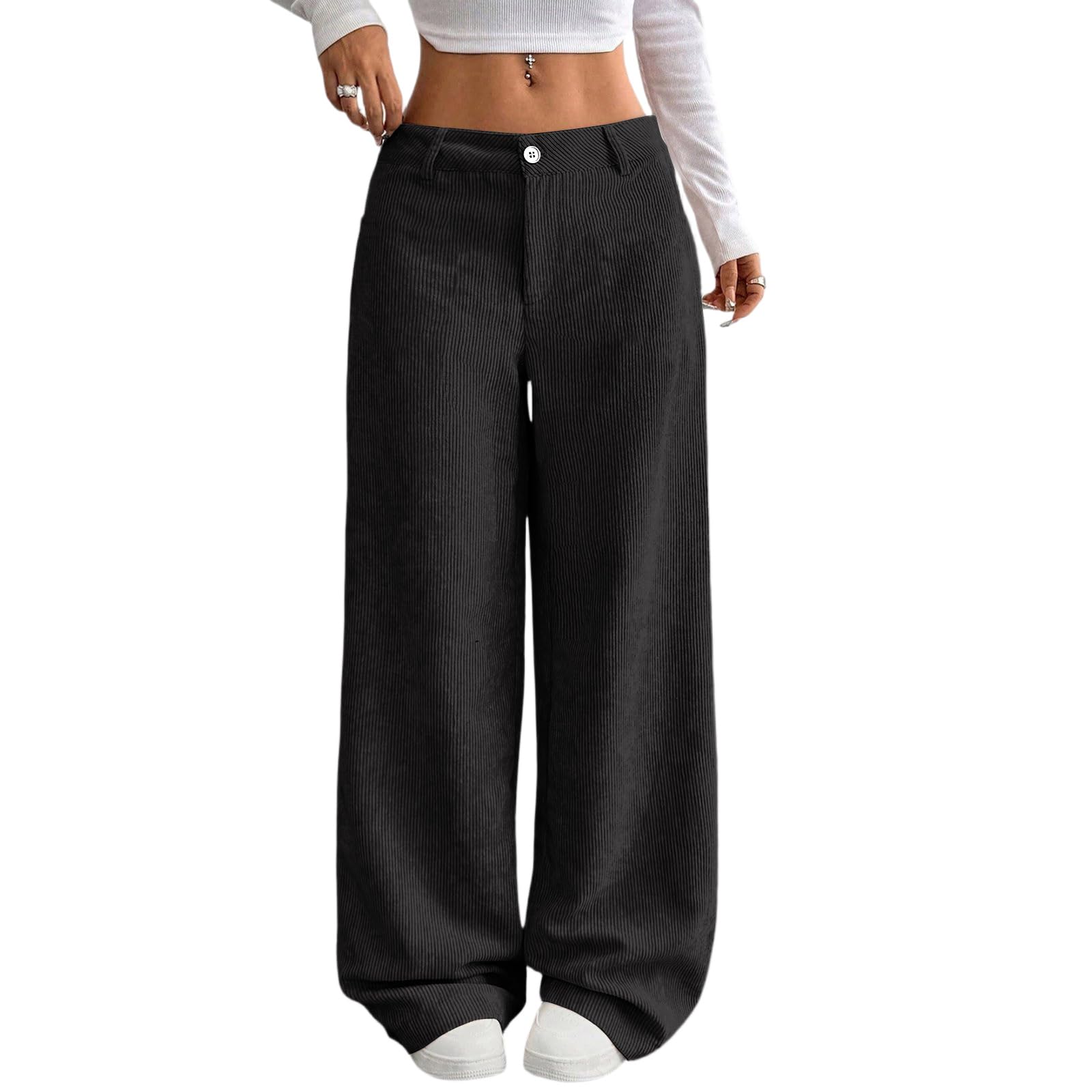 Corduroy Pants Women Baggy Wide Leg Pants Casual Elastic Waist Trousers Pull on Comfy Work Pant with Pockets