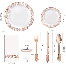 I00000 50 Guests Clear Rose Gold Plastic Plates - Disposable Dinnerware Set Includes: 100 Clear Rose Gold Plastic Plates, 150 Silverware, 50 Napkins, 50 Cups Perfect for Party & Wedding