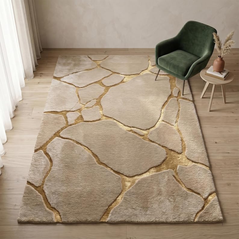 Image of Stone Abstract Wool Rug, Hand Tufted Beige Gold Area Rug for Living Room Bedroom, Modern Luxury Carpet, Soft Plush NZ Wool Rectangular Floor Rug - (5x7 Feet)