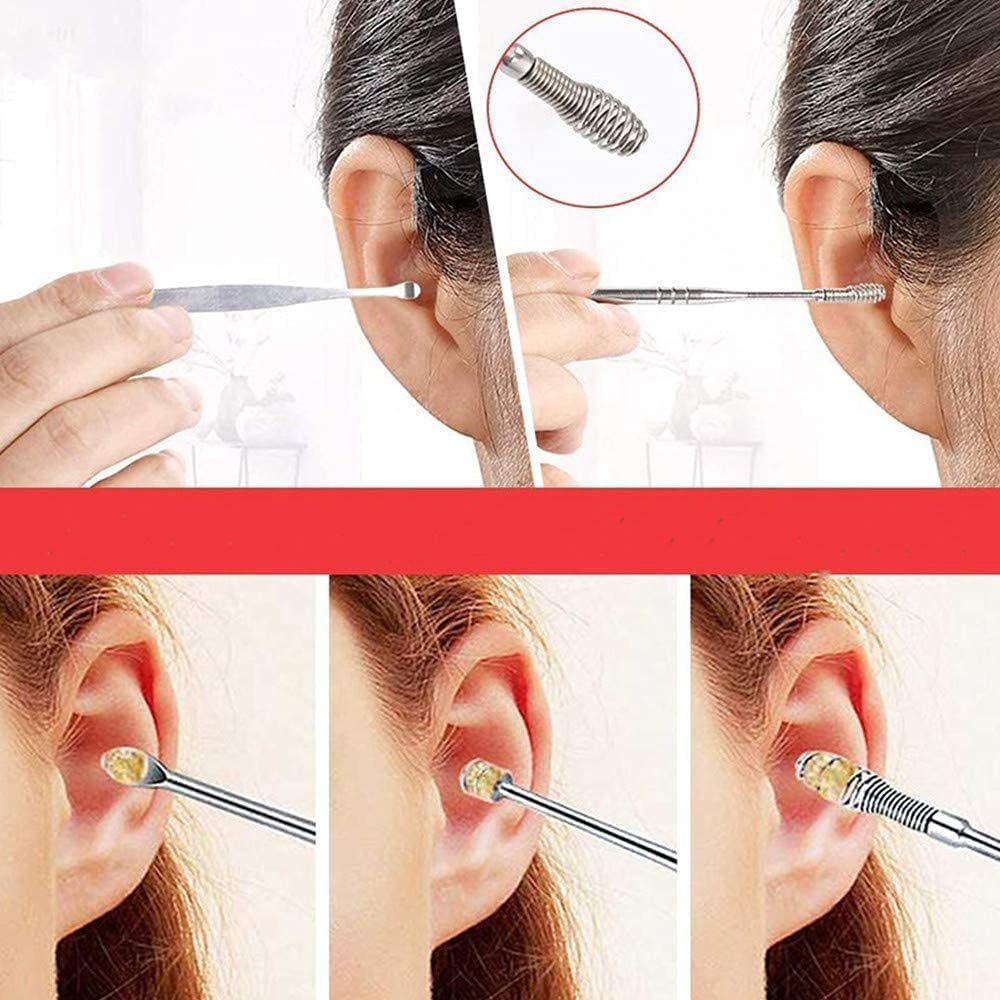 MANTHUMI 6 Pieces Ear Wax Removal Smooth Stainless Steel Kit, Ear Curette Safety Cleaner with White Brush and Storage Box with Coil Spring Cleaner 1