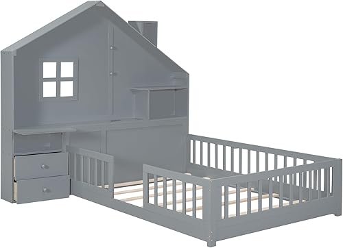 Miniatura 85 de Cama de madera de tamaño individual con cabecero en forma de casa con vallas, altura baja al suelo, para dormitorio de niños y niñas (blanco-01)