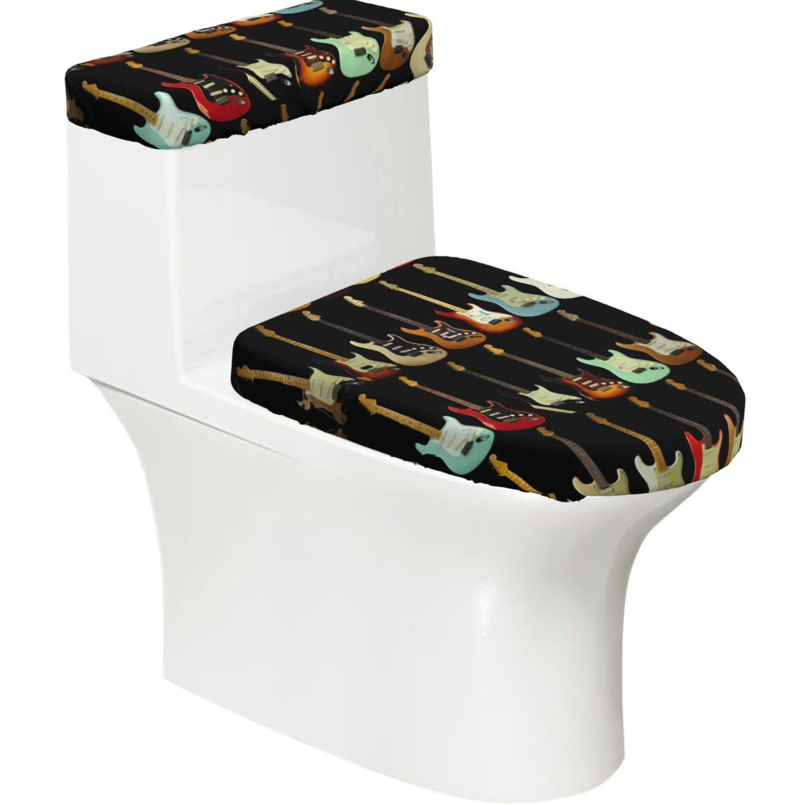 Art Guitar Pattern Print Bathroom Decor Toilet Lid Cover And Tank Covers, Restroom Accessories Fits Most Round
