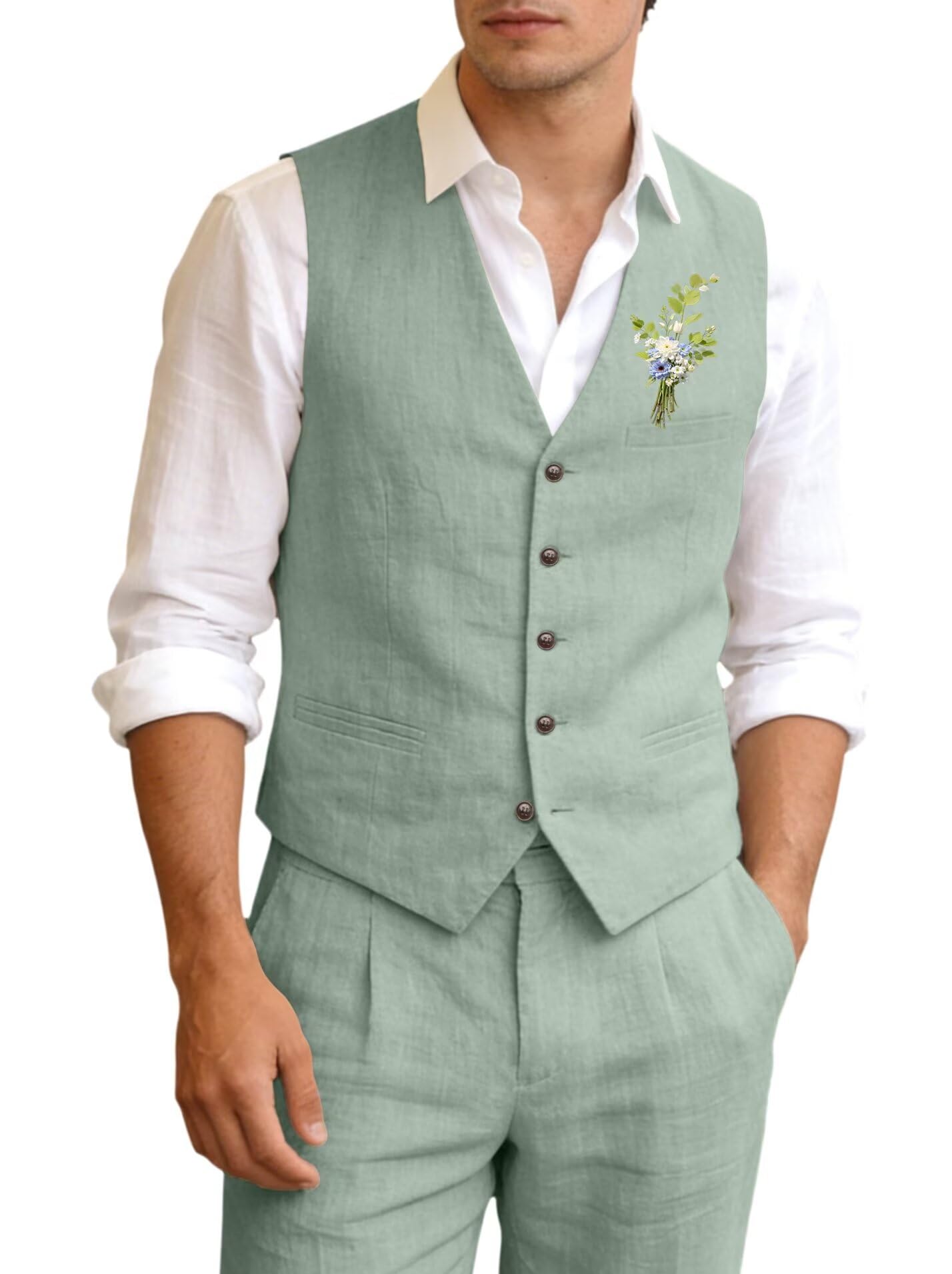 Photo 1 of Aowdoy Mens Linen Suit 2 Piece Casual Summer Beach Wedding Suits for Men Groomsmen Vest Pants Suit Tuxedos Green Size 3XL