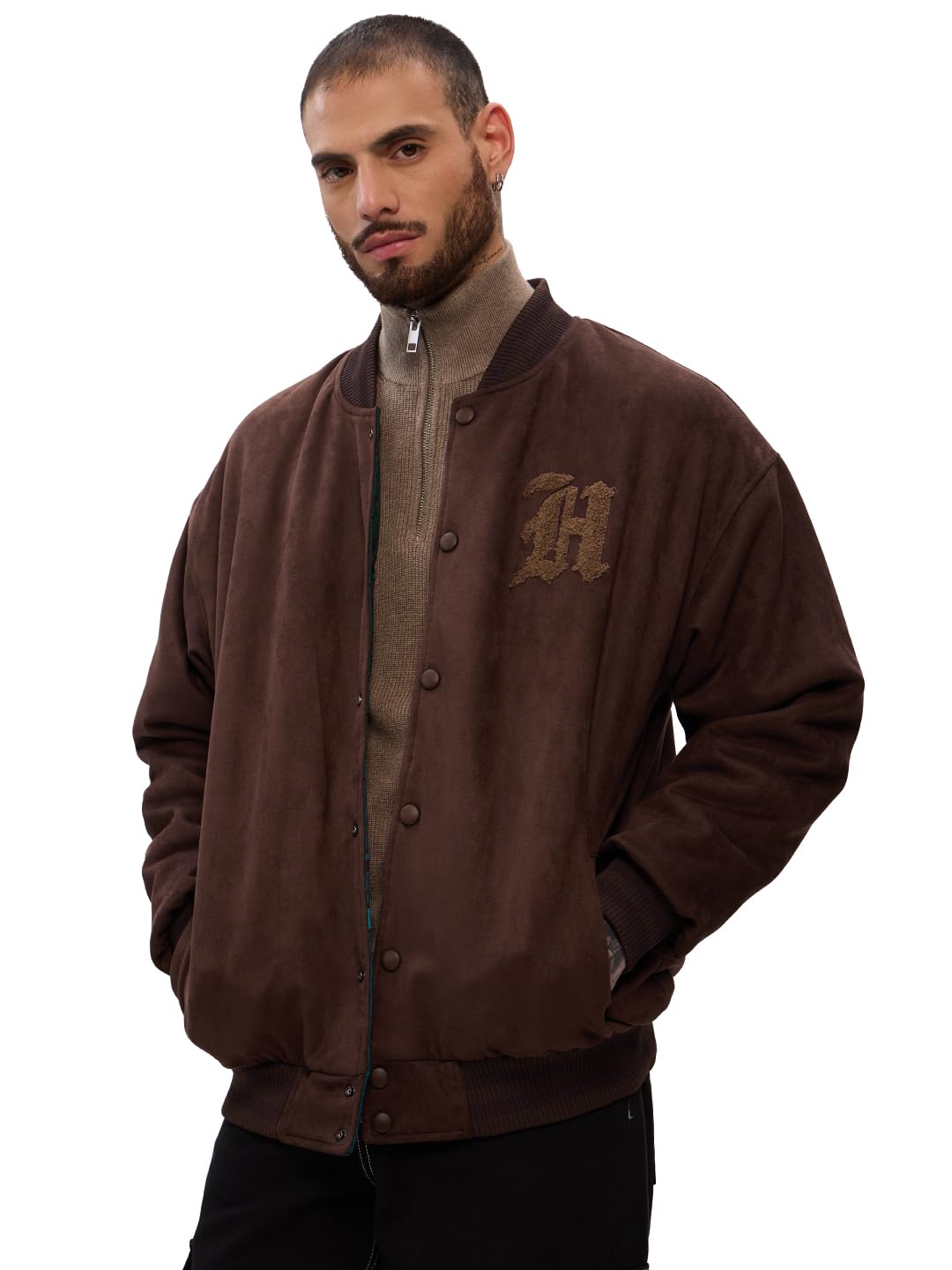 The Souled Store Reversible Bomber: Harry Potter Hogwarts Men and Boys Long Sleeves Band Neck Brown Embroidered Polyester Oversized Jackets