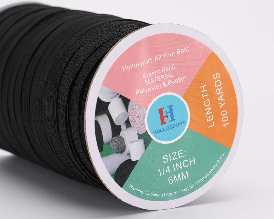 Bandas elásticas para coser de 1/4 pulgadas, color negro, 100 yardas finas y planas, trenzadas, de cuarto de pulgada, cuerda elástica para máscaras faciales
