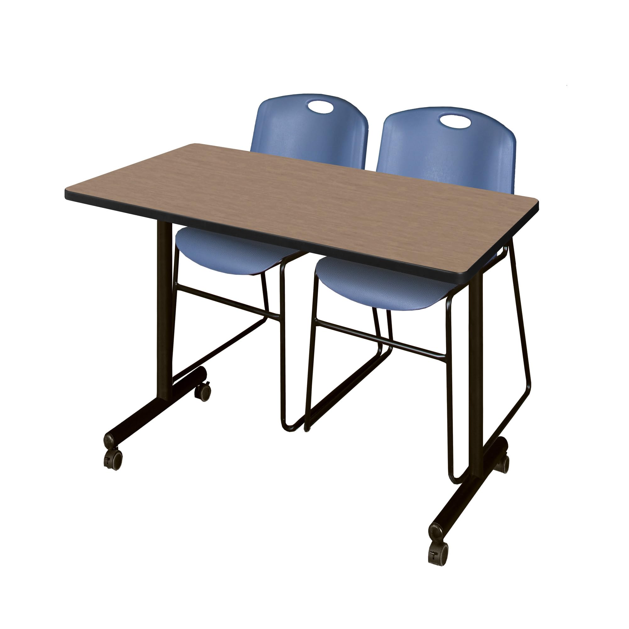 Regency Kobe 48 x 24 in. Mobile T-Base Training Table- Noble Oak, 2 Zeng Stack Chairs- Blue