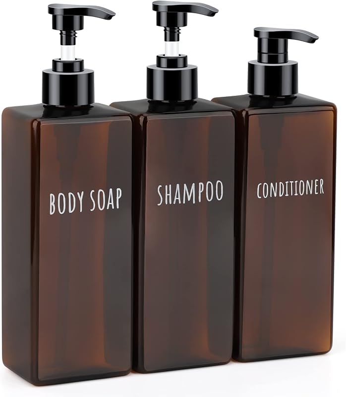 Segbeauty Frascos Recarregáveis Quadrados com Bomba para Shampoo, Sabonete Líquido e Condicionador, 500 mL, 3 Unidades, Âmbar Escuro