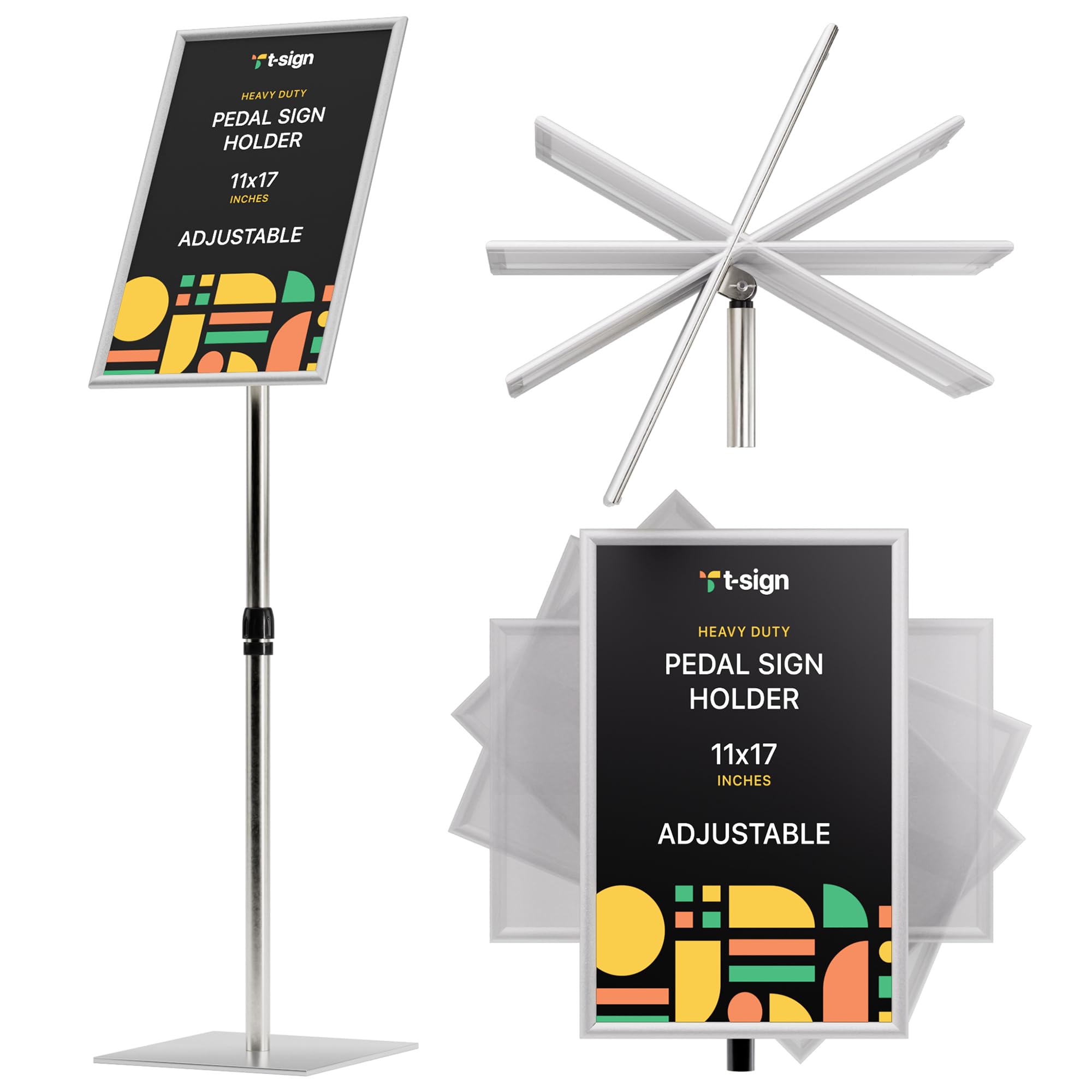 T-SIGN Adjustable Heavy Duty Pedestal Sign Holder Poster Stand - 11x17 Inch Vertical & Horizontal Sign Stand Displayed Poster Holder - Steel Square
