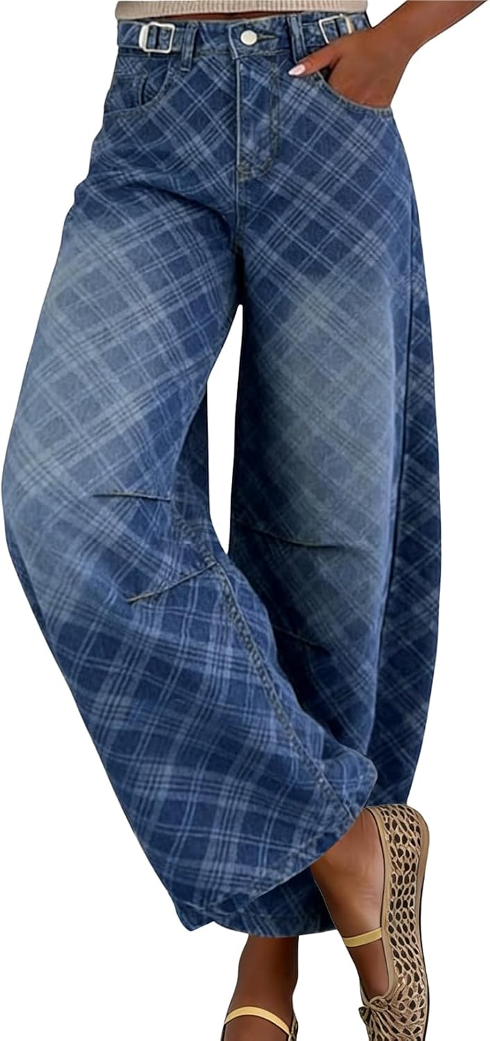 chouyatou Women Plaid Barrel Jeans Boyfriend Y2K High Waisted Baggy Wide Leg Jeans Denim Ankle Pants