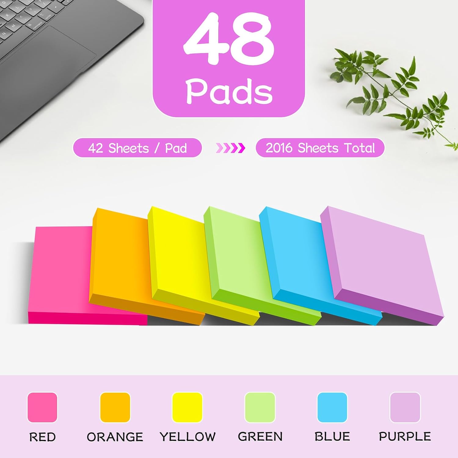 (48 Pads) Sticky Notes 3 x 3 in, Bright Colors Self-Stick Pads image 2