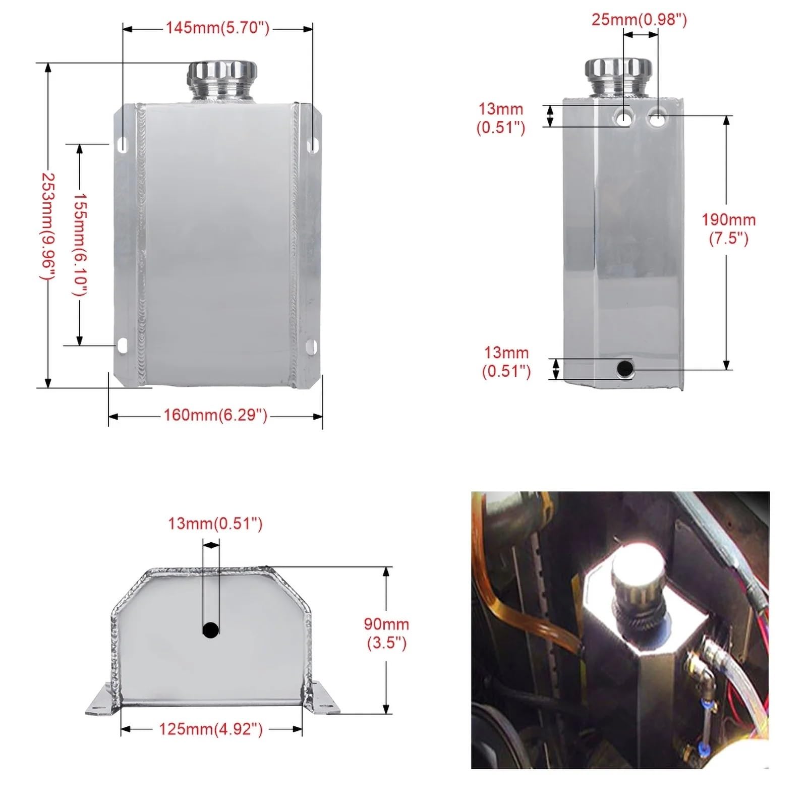 Zbiornik wyrównawczy Uniwersalny 2L Aluminiowy Zbiornik Wyrównawczy Chłodnicy Płynu Chłodzącego, Na Olej Z Korkiem Spustowym Odpowietrznik Oleju(Silver)