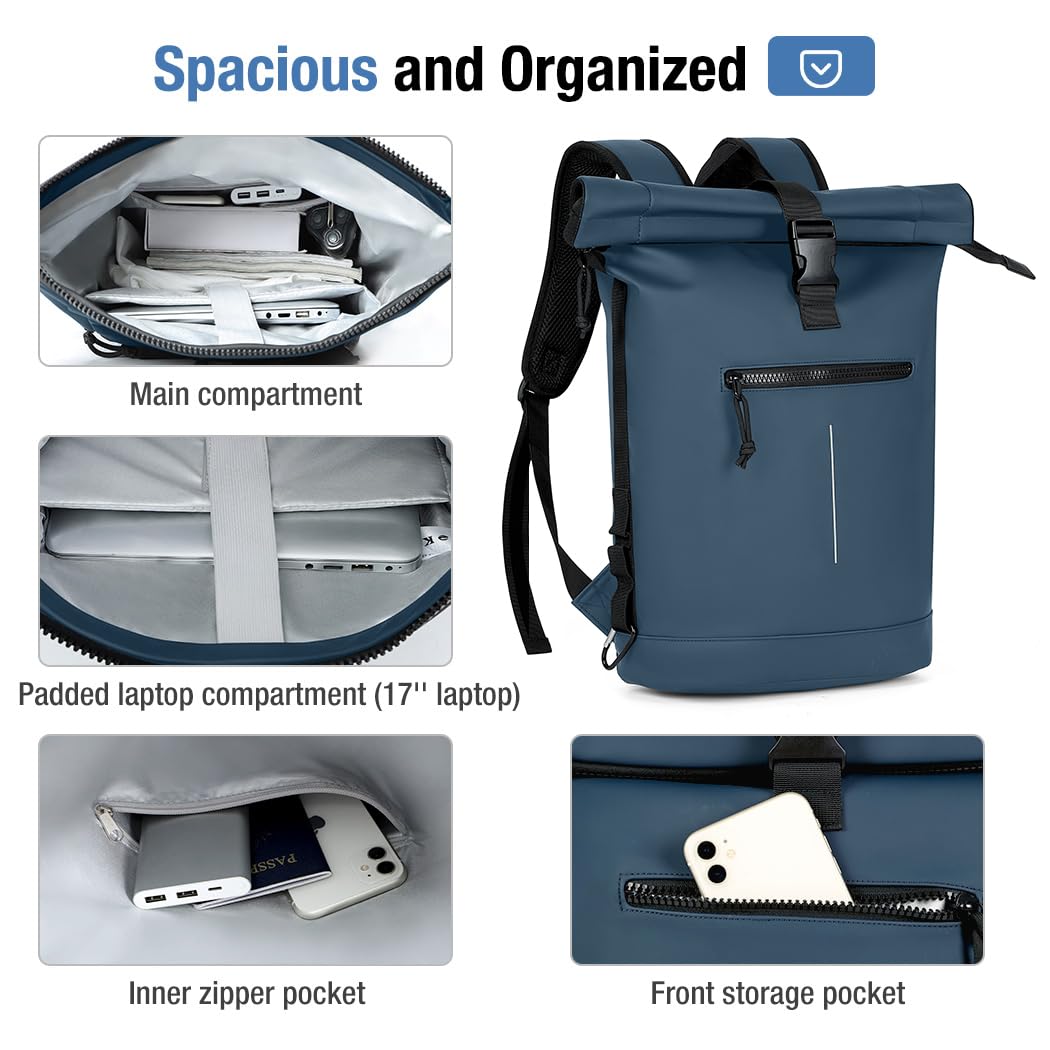 Lekeinchi Mochila impermeable para laptop de 17 pulgadas para hombres y mujeres, diseño enrollable para escuela, viajes, negocios, trabajo y camping, Blue, 43 x 30 x 12 cm, Moderna, funcional
