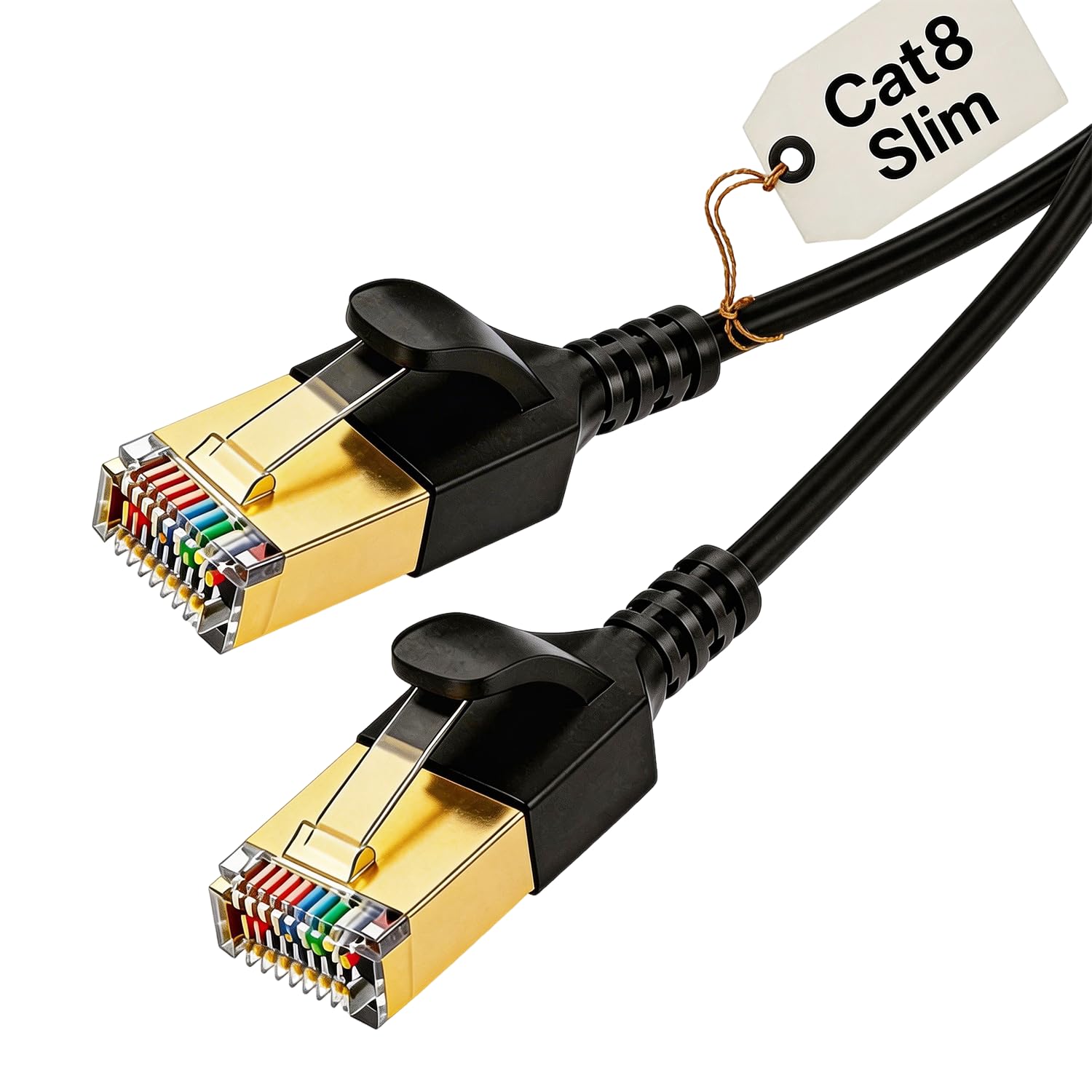 Elfcam® - 50m Cable Ethernet Slim Cat8 Ultra Delgado 32AWG SFTP 40Gbps/2000MHz, Cable LAN/WAN con Conectores RJ45, Negro Redondo