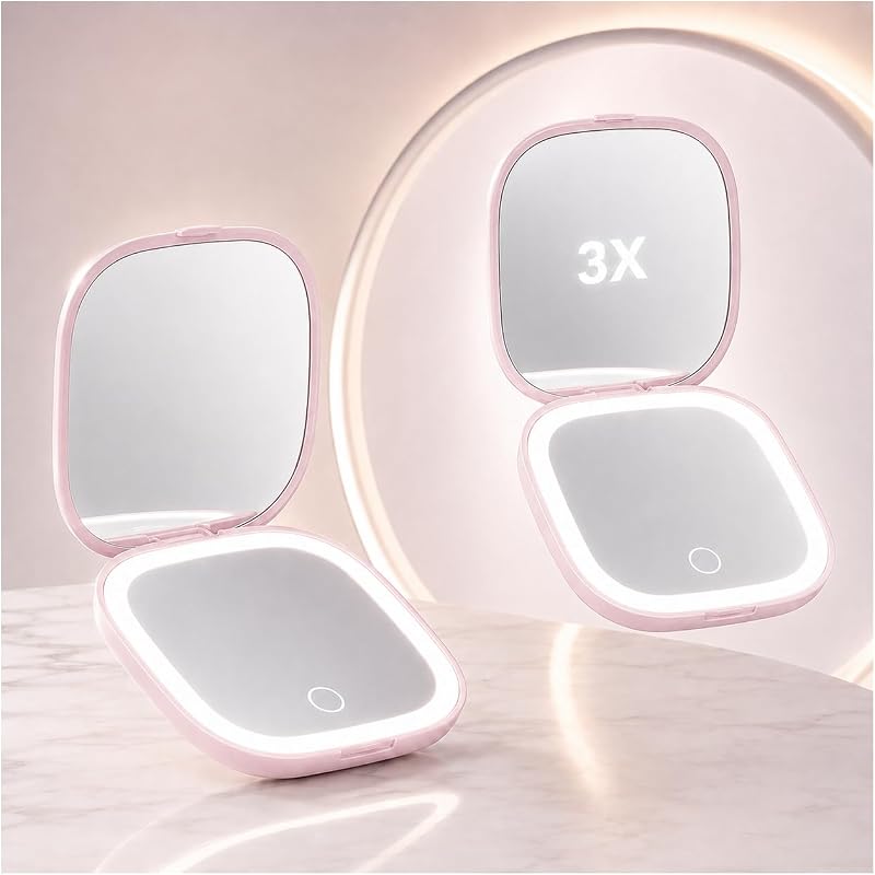 Espelho compacto com luz LED symirify, ampliação 1X/3X, rosa