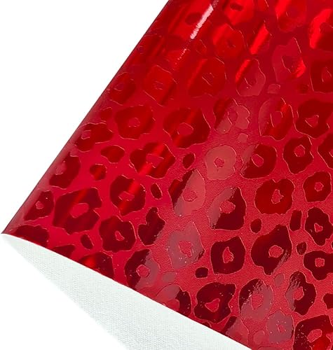 Hojas holográficas de piel sintética color rojo leopardo en relieve, rollo de tela sintética iridiscente de 12 x 53 pulgadas para manualidades,