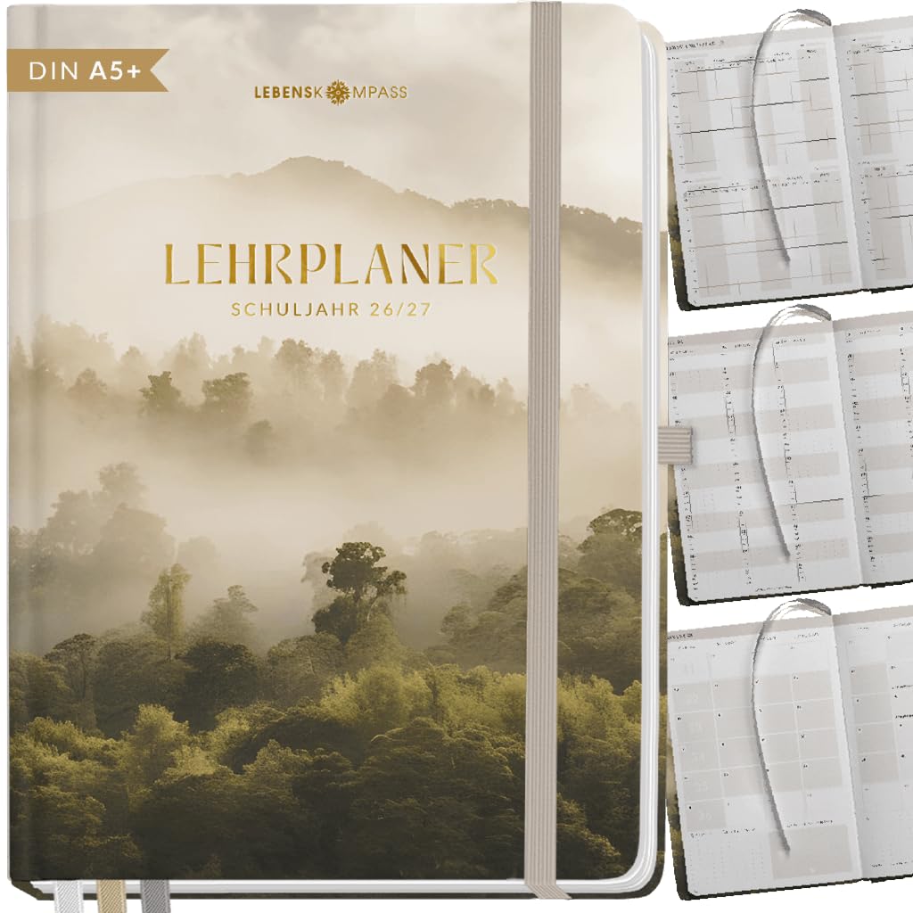 Lebenskompass® Lehrerkalender 2026/2027 DIN A5+ ”Pine” – Schuljahresplaner Hardcover mit Wochen & Monatsübersichten, Klassen & Notenlisten, Stundenplänen für Lehrerinnen und Lehrer