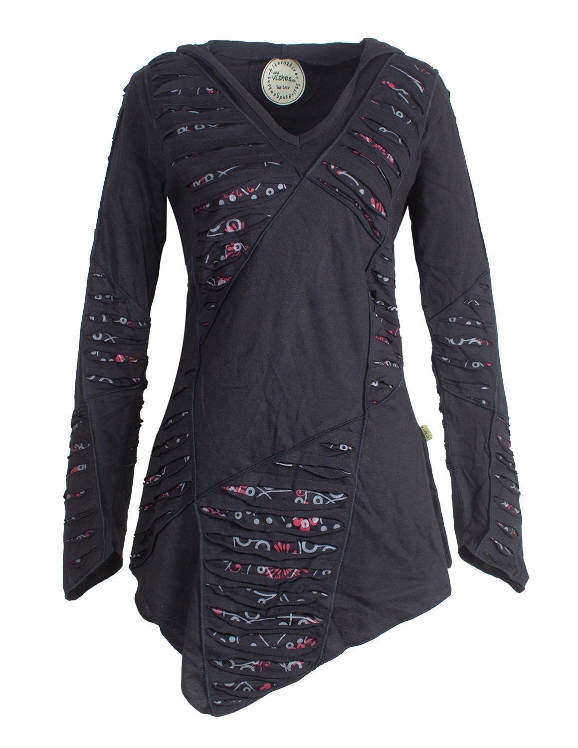Vishes - Alternative Bekleidung - Langarm Damen Baumwoll Cutwork-Kleid Hoodie Zipfelkapuze Asymmetrisch