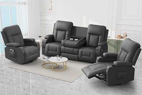 Miniatura 23 de Juego de sofá reclinable con 2+1 piezas para sala de estar, sofá reclinable de 2 plazas en cuero, 1 silla reclinable con asiento de sofá individual