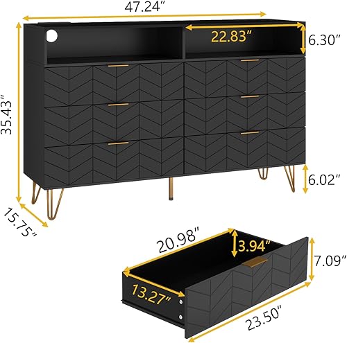 Miniatura 2 de Loomie Cómoda doble con 6 cajones con toma de corriente y luz LED, cómoda larga negra con compartimento de almacenamiento, soporte ancho de madera