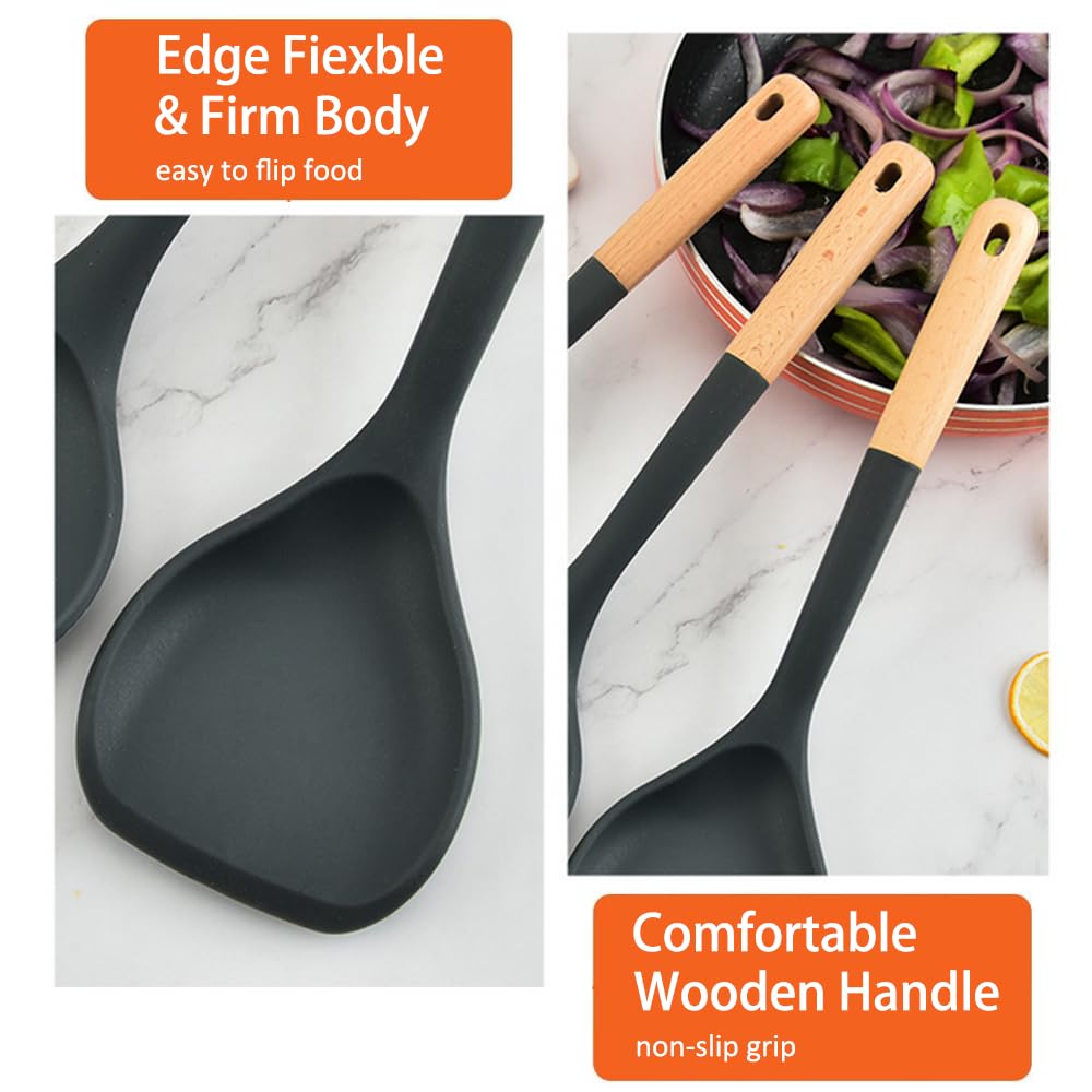Espátula de wok, espátula de silicona con mango de madera resistente al calor, utensilios de cocina, cuchara para recoger, voltear, agitar, cocinar antiadherente duradero sin BPA, 13.2 pulgadas