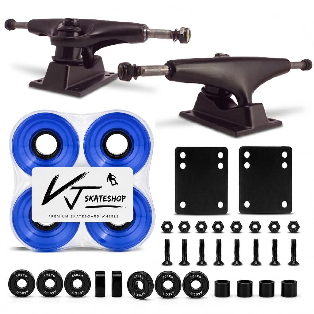 VJ Skateboard Truck and Wheel, 5.0 Skateboard Trucks (Black) w/Skateboard Cruiser Wheel 60mm, Skateboard Bearings, Skateboard Screws, Skateboard Riser Pads (Gel Blue)