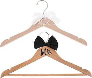 ABOOFAN 2pcs Wedding Dress Hanger with Bow Tie Wooden Bride and Groom Hangers for Tuxedo Suit Wedding Present Bridal Party Shower
