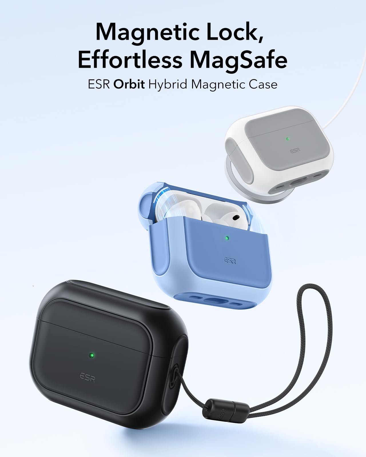 ESR Custodia per AirPods Pro 3, Compatibile con la custodia AirPods Pro di 3a Gen (2025), Compatibile con MagSafe, Protezione completa contro le cadute, Cordino incluso, Nero