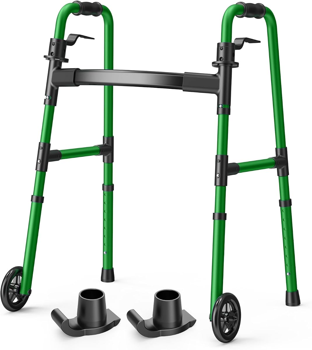 Loyoda Folding Walker with 2 Skis and 5" Wheels, Lightweight Design, Green | Standard Walker for Seniors and Adults, Offers 8 Height Adjustments (31"-38"), Supports up to 350 lbs