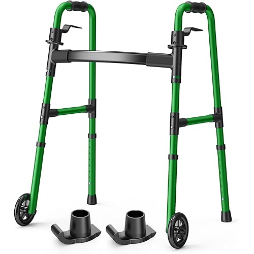 Folding Walker with 2 Skis and 5" Wheels, Lightweight Walkers for Seniors and Adults, Supports Up to 350 Pounds, Adjustable Height, Compact Standard Walker, Green