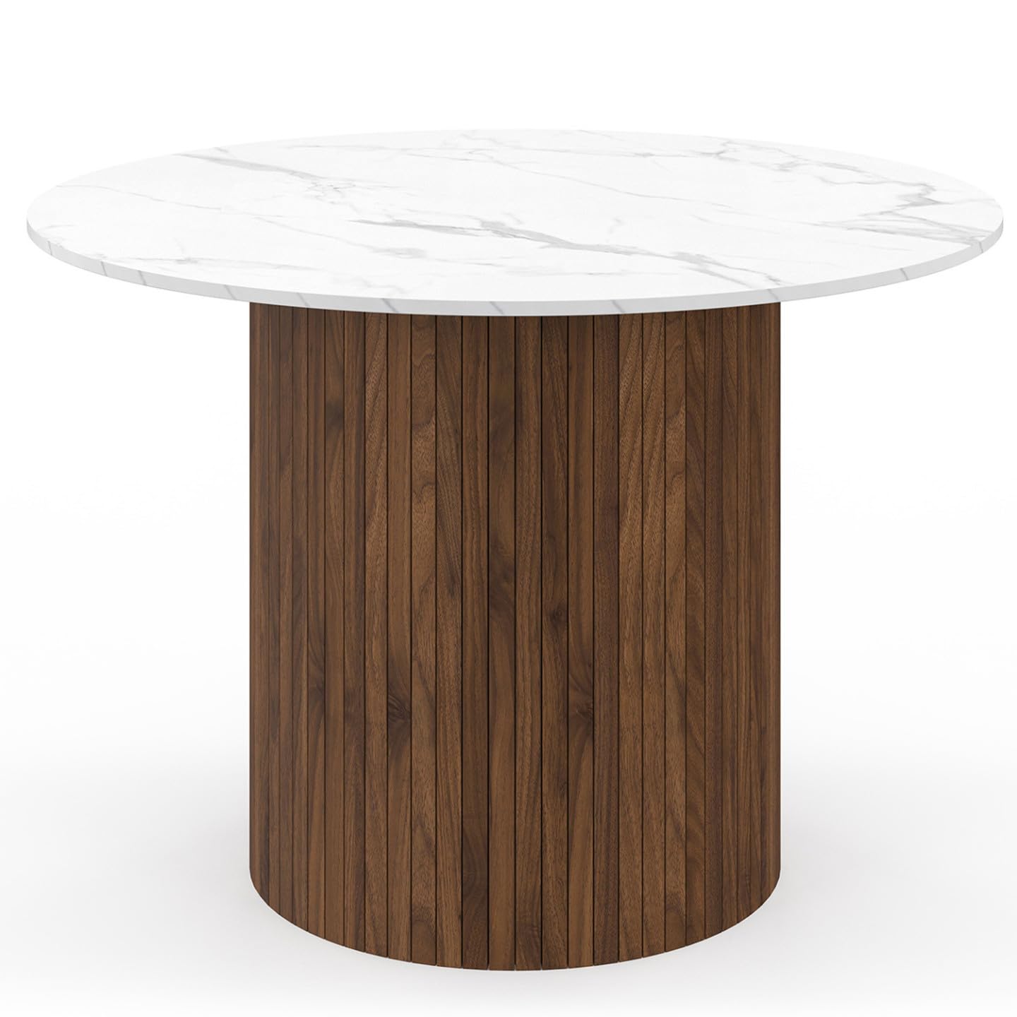 IDMarket – Mesa de comedor redonda Julieta para 6 personas, pie central, efecto lamado, nogal y bandeja efecto mármol, color blanco Alaska