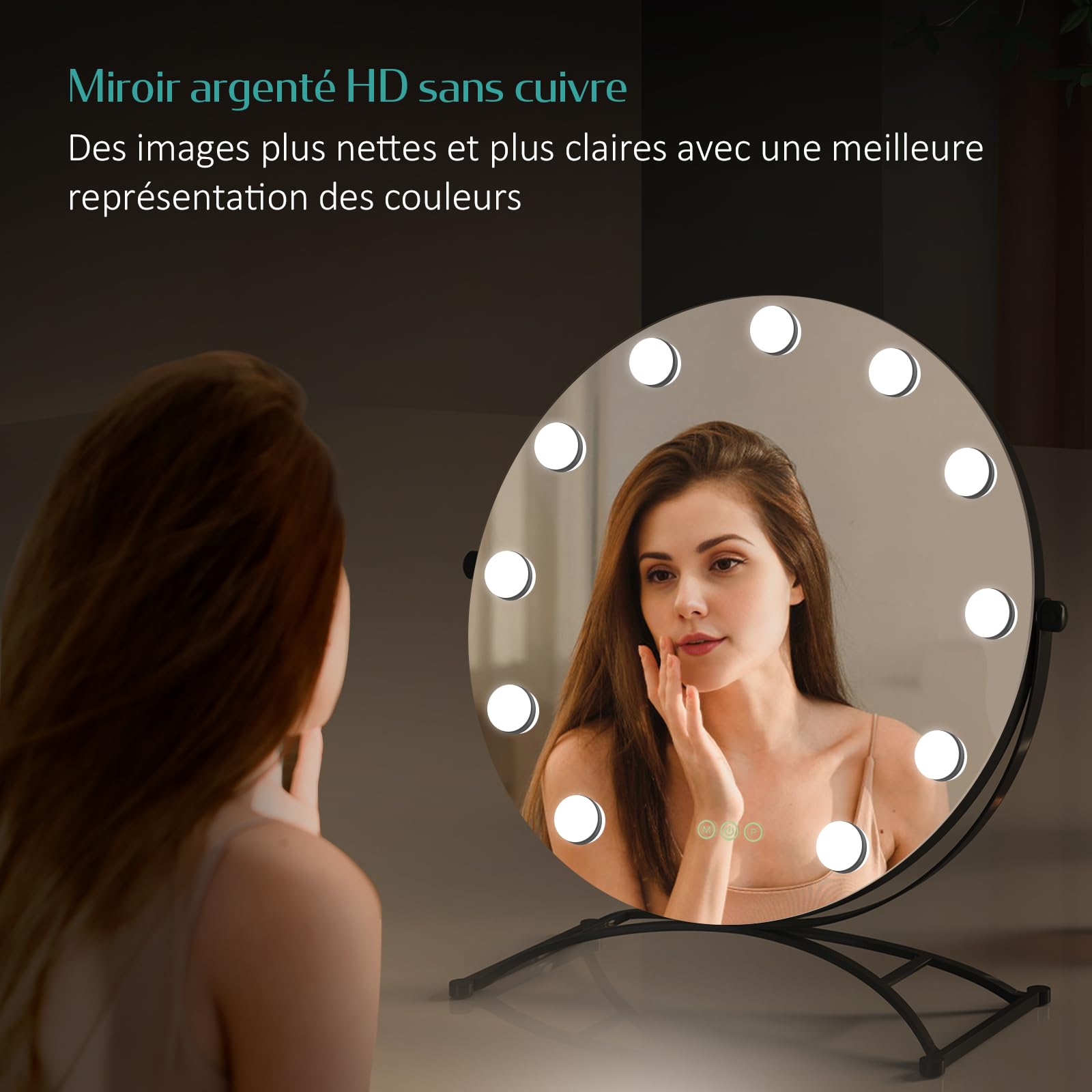 EMKE Hollywood - Espejo de Maquillaje Redondo, diámetro 50 cm, Marco Negro, Espejo de Aumento 7 x con 11 Bombillas LED, Interruptor táctil, rotación 360°, luz 3000K/4000K/6500K
