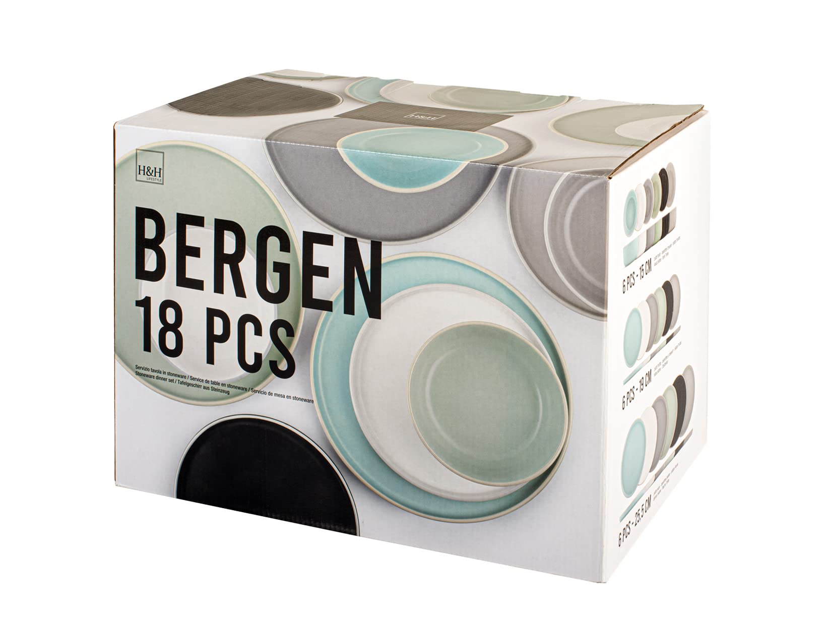 H&H Servizio Tavola Bergen 18 Pezzi in Stoneware Opaco – Piatti Piani, Fondi e Frutta – Lavabili in Lavastoviglie e Adatti al Microonde – Design Moderno, Colori Naturali