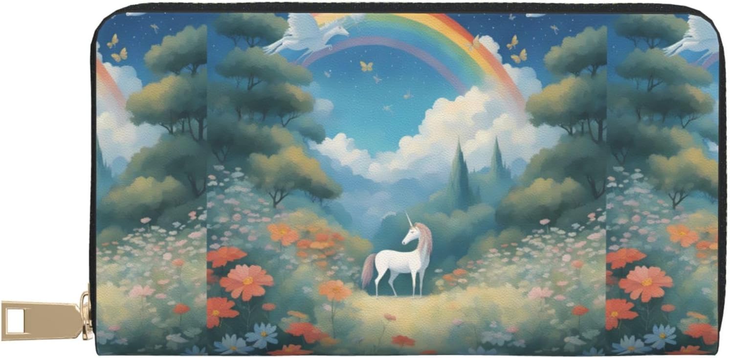 Unicorns In The Distance Unisex Long Microfiber Leather Wallet With Metal Zipper For Office Travel Dating Gifts