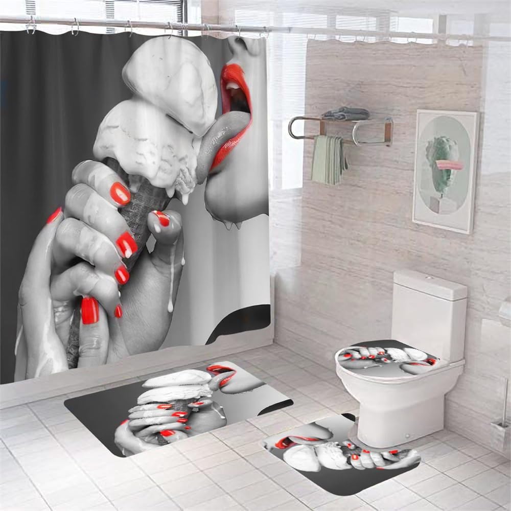 Alfombra Baño Helado Juego De 4 Alfombras Lavable,Secado Rapido - Baño*1+Tapa del Inodoro*1+ Alfombra*1 Tipo U+Cortinas 180X180 50×80Cm